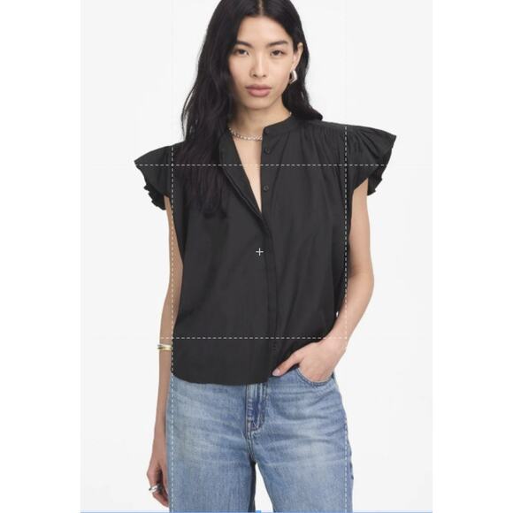 Madewell Poplin Shirred Button-Up Shirt Womens XL Black Ruffle Cap Sleeve NU451 - Picture 1 of 8